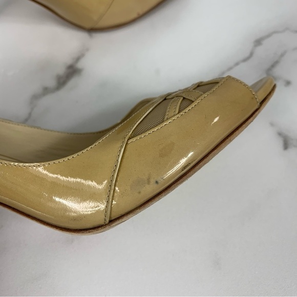Jimmy Choo Maven Beige Tan Patent Mesh Crisscross Peep Toe Pumps 39.5 - Picture 6 of 13